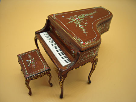 Walnut Hand Painted Madeline Rose Bespaq Piano and Stool 1:12 Scale Walnut Hand Painted Madeline Rose Bespaq Piano and Stool 1:12 Scale