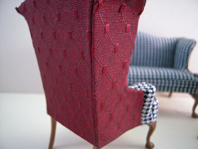 1" scale Bespaq Hounds Tooth and Scarlet Wing Sofa Set 1" scale Bespaq Hounds Tooth and Scarlet Wing Sofa Set