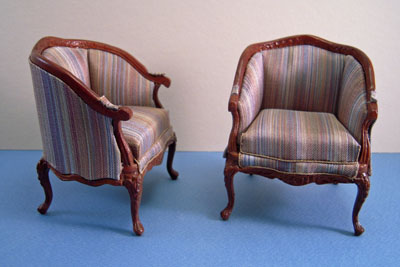 1" scale Bespaq Du Ville walnut striped silk chairs