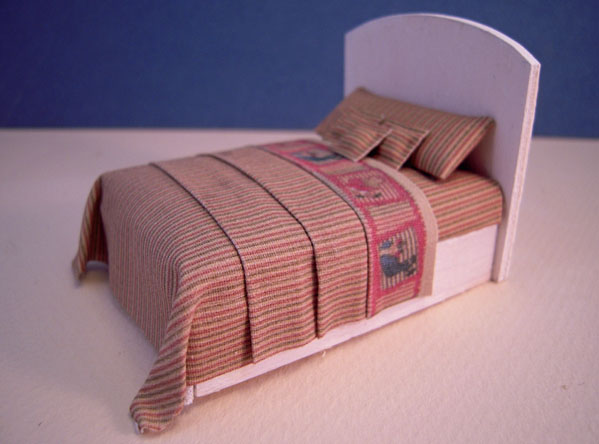 Cindy's Minis Beige Striped Dressed Child's Bed 1:24 scale Cindy's Minis Beige Striped Dressed Child's Bed 1:24 scale