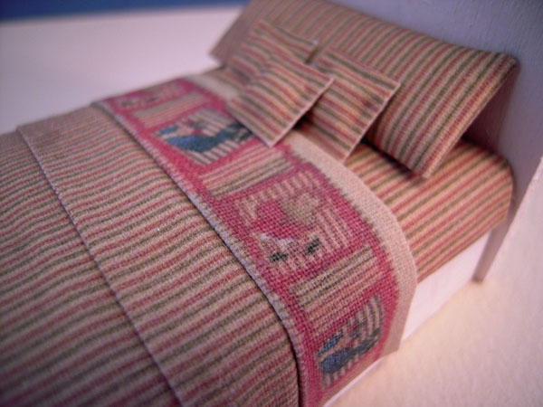 Beige Striped Dressed Child's Bed by Cindy's Minis in 1:24 scale Beige Striped Dressed Child's Bed by Cindy's Minis in 1:24 scale