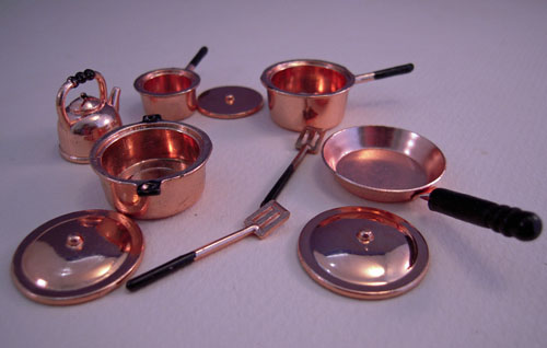 Ten Piece Copper Cookware Set 1:12 Scale