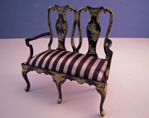 JBM Black Chinoiserie Queen Anne Settee 1:12 Scale JBM Black Chinoiserie Queen Anne Settee 1:12 Scale