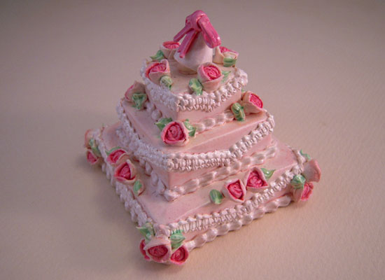 Three Tier Wedding Cake With Pink Flowers 1:12 Scale