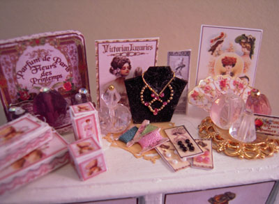 1/2" scale miniature Loretta Kasza filled jewelry store counter 1/2" scale miniature Loretta Kasza filled jewelry store counter