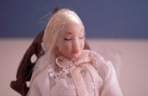 Dolls By Patsy Porcelain Sarah In A White Gown Sitting 1:24 scale Dolls By Patsy Porcelain Sarah In A White Gown Sitting 1:24 scale