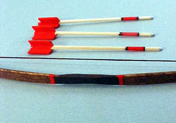 Dollhouse Miniature Long Bow & Arrows  Red Trim Handcrafted #212R