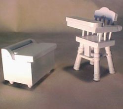 1/2" Scale Miniature toy chest 1 1/4"Lx3/4"Dx7/8"H and  high chair 1 1/8"Wx1 1/8"Dx1 13/16"H