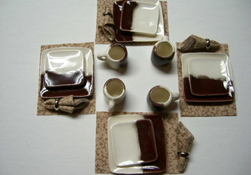 Handcrafted Brown on White Square Dinner Set 1:12 scale