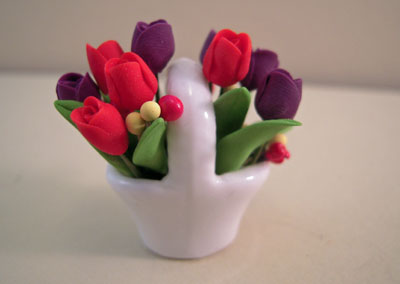 Bright deLights Red and Purple Tulips in a Ceramic Basket 1:12 scale