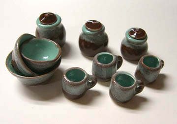 Miniature By Barb Turquoise and Brown Blend Canister and Bowl Set 1:12 scale
