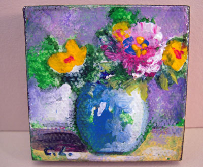 Carol Landry Fine Art Original Pink and Yellow Flowers In A Vase Still Life Painting 1:12 scale