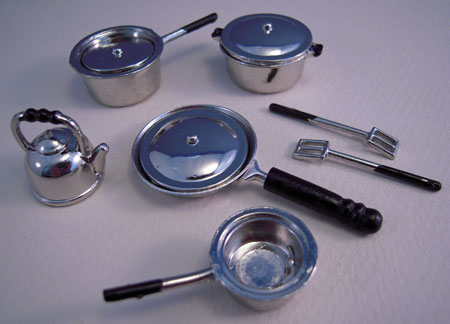 Ten Piece Stainless Look Kitchenware Set 1:12 scale 