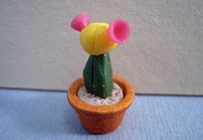 Twin Heart Handcrafted Potted Yellow and Pink Flowering Cactus 1:24 scale