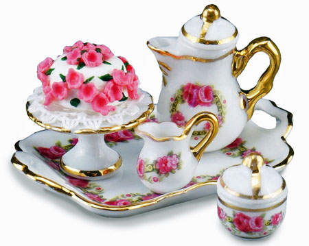 Reutter Porcelain English Rose Coffee Set With Cake 1:12 scale 