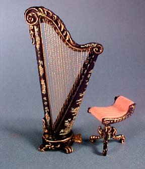 Bespaq Black Hand Painted Chinoiseries Harp and Stool 1:24 scale