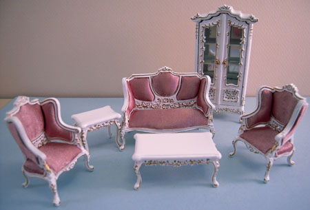 Miniature Six Piece Fancy White with Gold Living Room Set 1:24