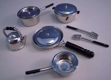 G6105 Dollhouse Miniature Metal 10 Pc Silver Tone Pots and Pans Set 